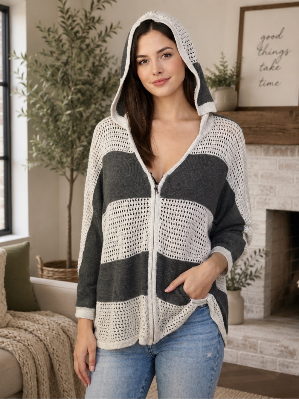 Funsport Colorblock Knit Zip Hoodie Open Weave Lightweight Boho Cardigan PTP 29